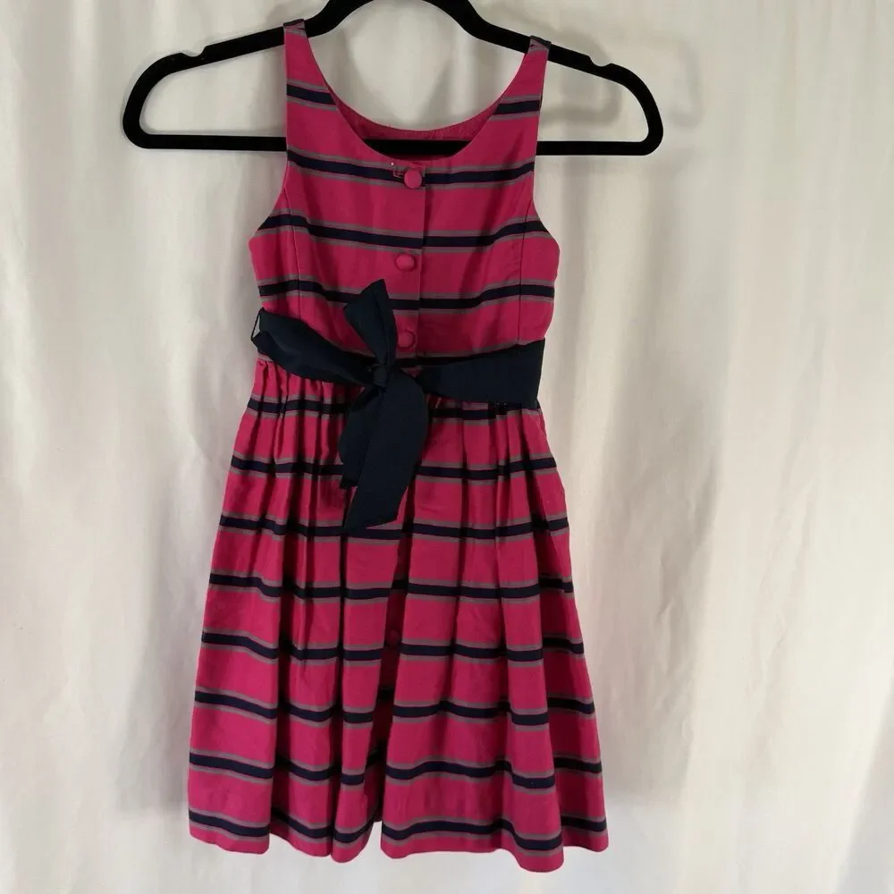 Ralph Lauren Formal Dress Girls 6X Pink Navy Blue Striped Pleated Ribbon Tie